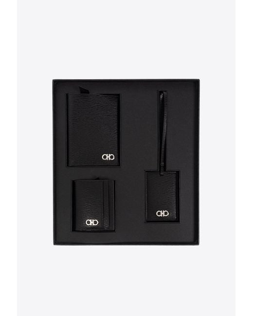 Ferragamo Black Passport Holder, Cardholder And Luggage Tag Gift Set for men