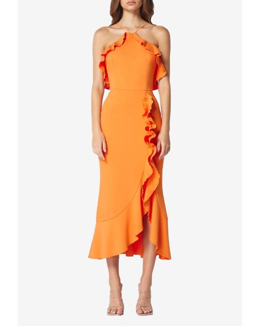 Elliatt Orange Dimness Halter Ruffle Midi-dress