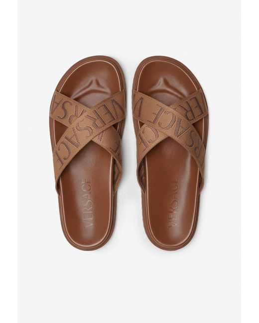 Versace Brown Logo Jacquard Crisscross Sandals for men