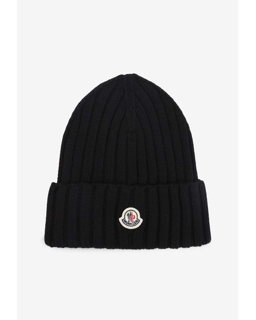Moncler Black Logo Patch Knitted Wool Beanie