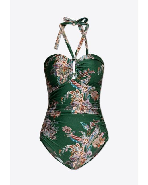 Zimmermann Green Rhiannon Wide Link Floral One-Piece Swimsuit