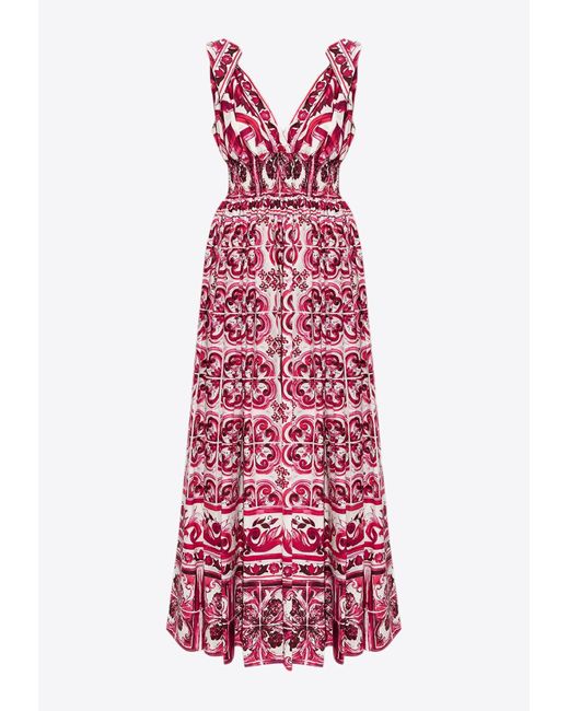 Dolce & Gabbana Red Majolica Print V-Neck Maxi Dress