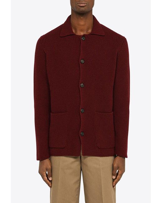Doppiaa Red Rib-knit Wool Cardigan for men