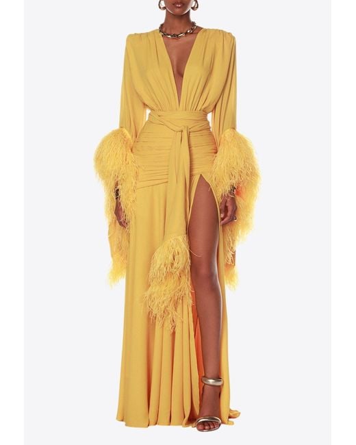 Bronx and Banco Yellow Geisha Feather-Trimmed Gown