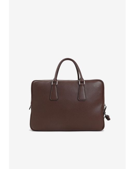 Prada Brown Triangle Logo Leather Briefcase for men