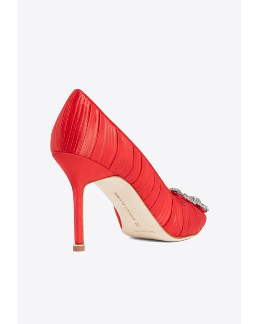 Manolo Blahnik Red Hangisi 90 Crystal Buckle Satin Pumps
