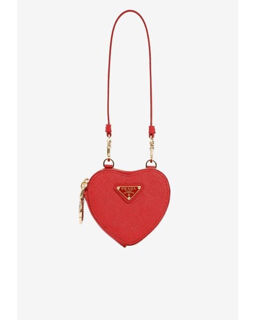 Prada Mini Saffiano Leather Heart-shaped Pouch in Red | Lyst