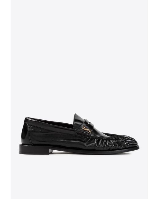 Saint Laurent Black Penny Loafers In Shiny Creased Leather