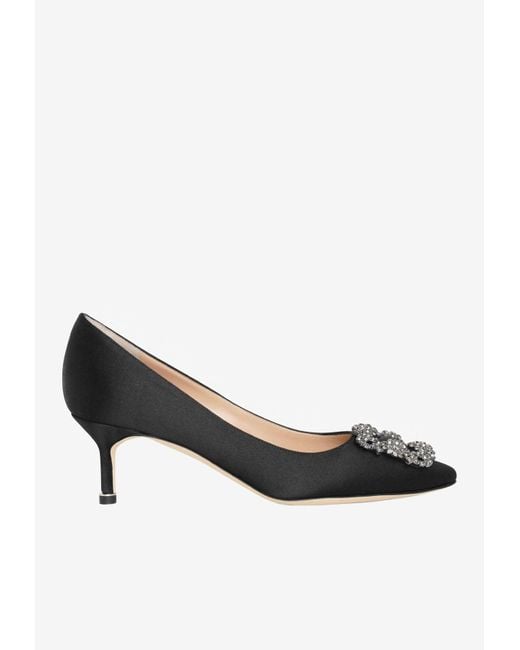 Manolo Blahnik Black Hangisi 50 Crystal Buckle Satin Pumps