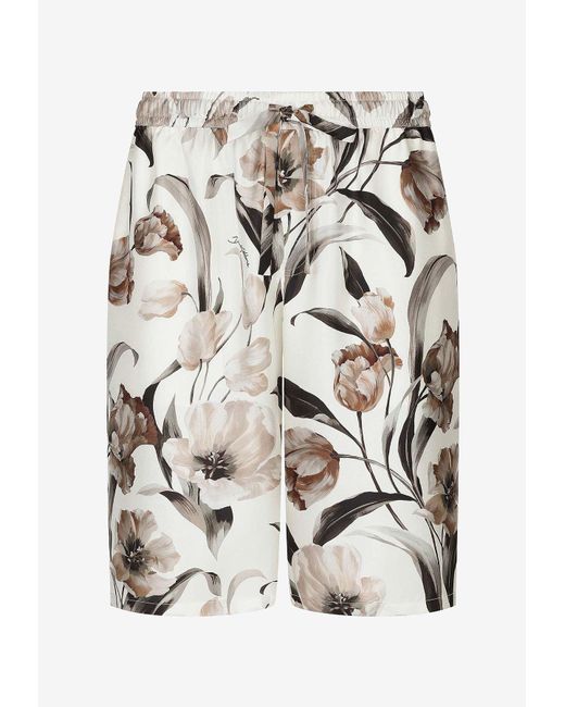 Dolce & Gabbana White Floral Print Silk Shorts for men