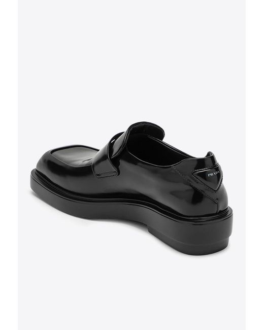 Prada Black Square-Toe Brushed Leather Loafers