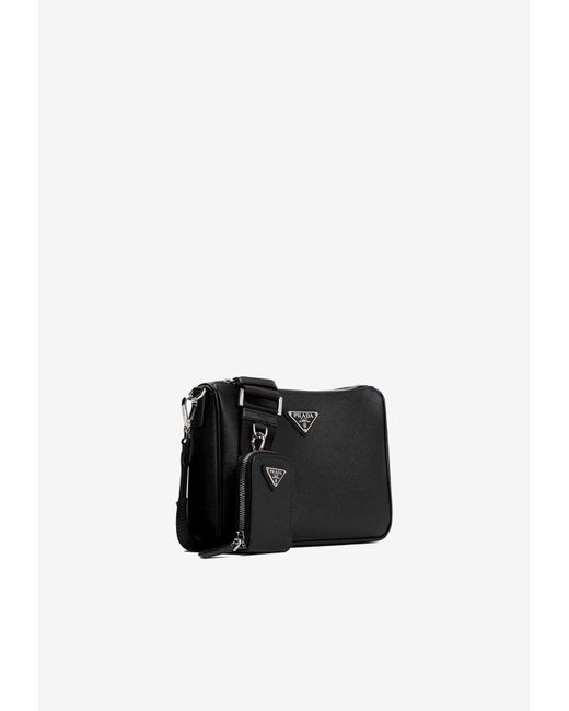 Prada Black Triangle-Logo Saffiano Messenger Bag for men
