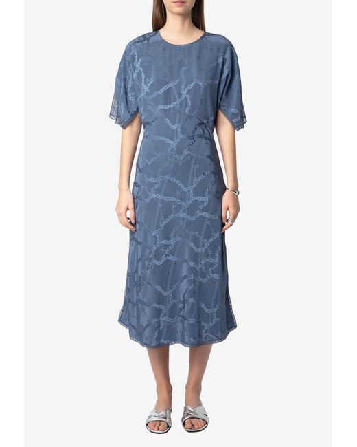 Zadig & Voltaire Blue Rey Chain Jacquard Silk Midi Dress