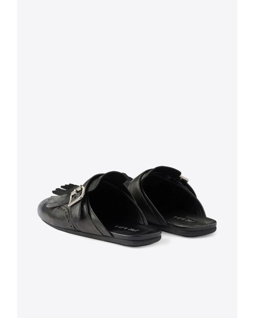 Prada Black Shuffle Fringed Calf Leather Mules