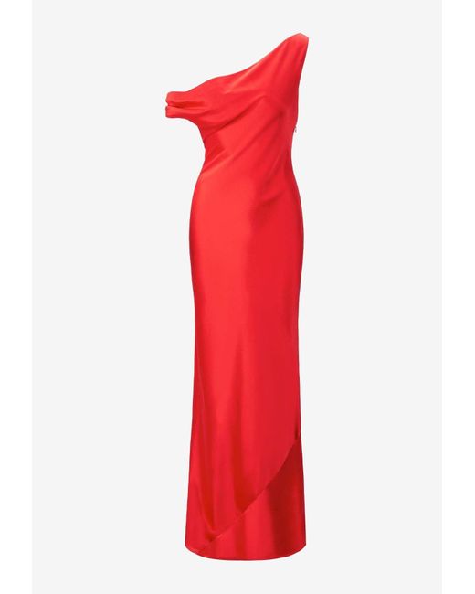 Staud Red Ashanti One-Shoulder Satin Maxi Dress