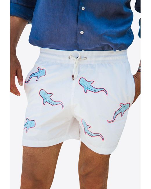 Les Canebiers Blue All-Over Shark Embroidery Swim Shorts for men
