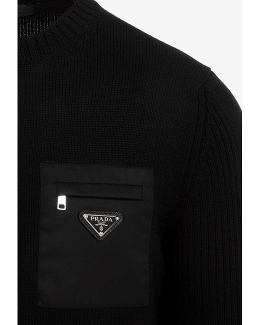 Prada Black Logo Plaque Wool Sweater for men