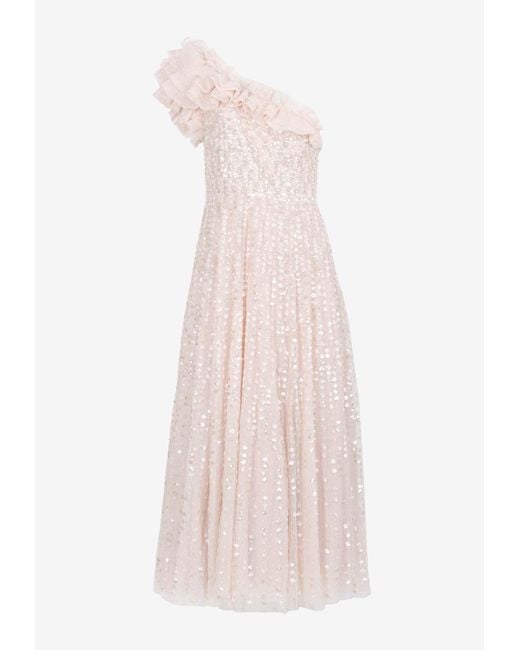 Needle & Thread Pink Raindrop One-Shoulder Sequined Gown