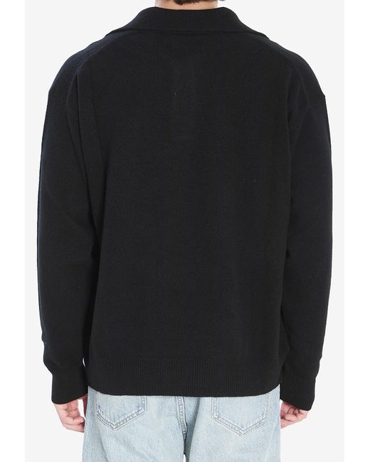 Roberto Collina Black Wool-Blend Long-Sleeved Polo T-Shirt for men
