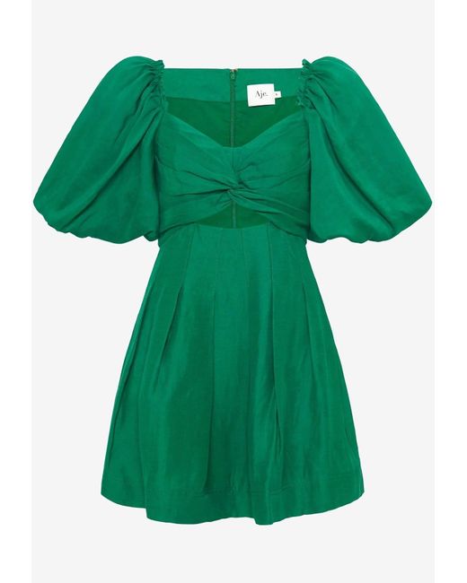 Aje. Green Dusk Knot Puff-sleeved Mini Dress