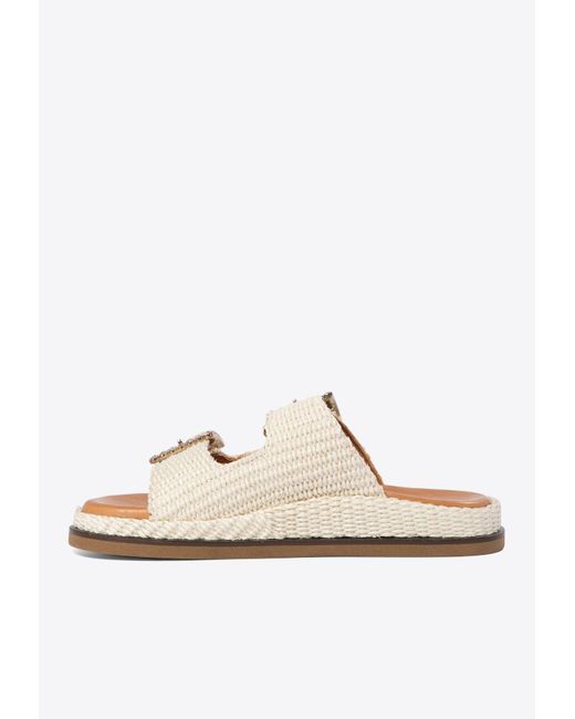 Alibi White Greta Crystal Buckle Raffia Sandals