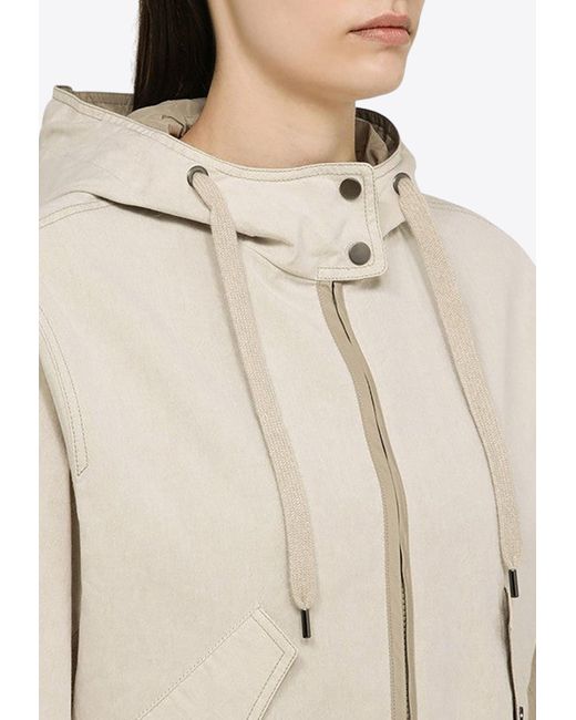 Brunello Cucinelli Natural Monili Embellished Zip-Up Jacket With Hood