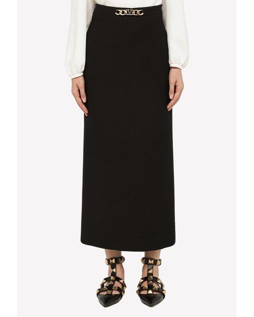 Valentino Wool Vlogo Chain Detail Midi Skirt in Black | Lyst Australia