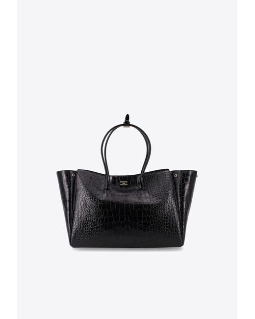 Balenciaga Black Medium Bel Air Croc-Embossed Leather Tote Bag