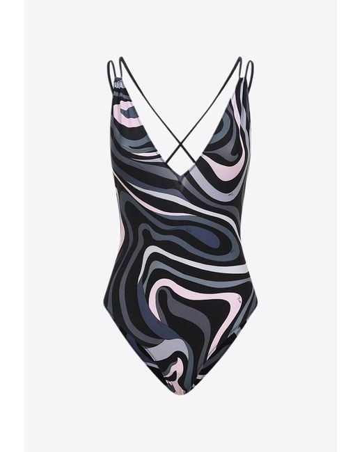 Emilio Pucci Blue One-Piece Swimsuit With Signature-Print