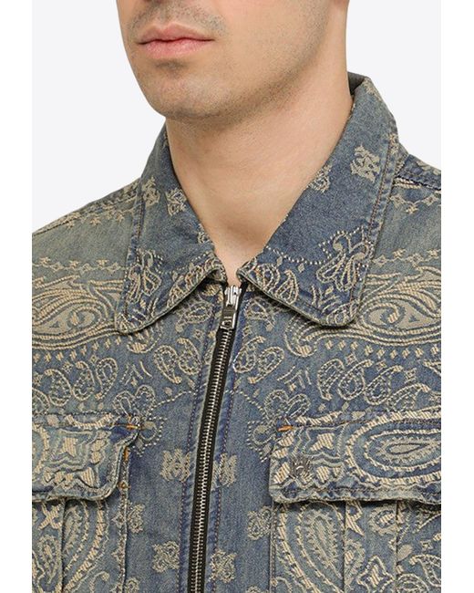 Amiri Gray Bandana-Embroidered Zip-Up Denim Jacket for men