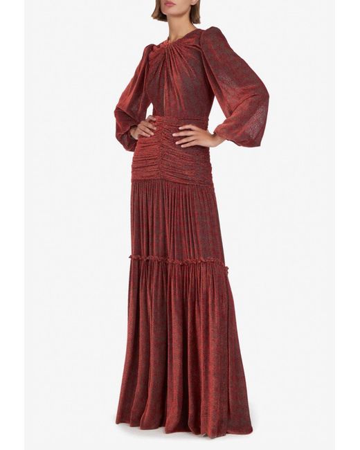 Costarellos Red Sabrina Ruched Silk Velvet Devorè Maxi Dress