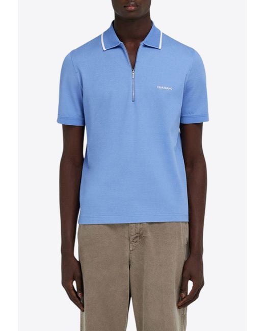 Ferragamo Men's Blue Half-Zip Polo T-Shirt