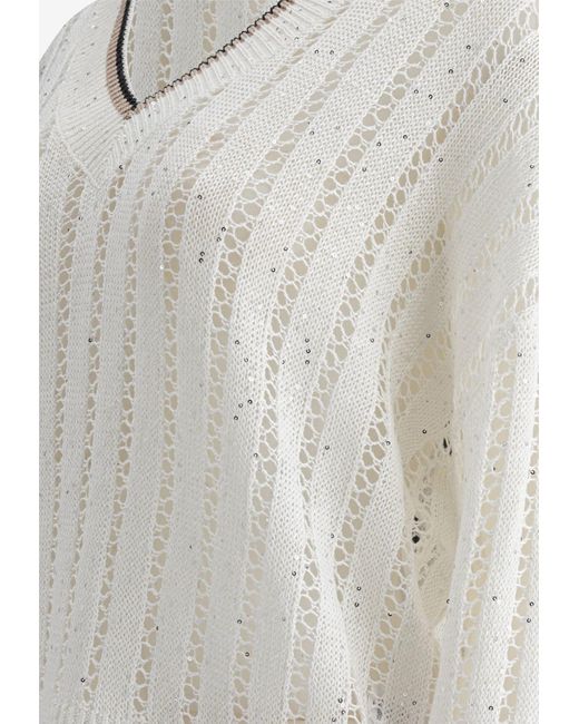 Brunello Cucinelli White Sequin Embellished V-Neck Sweater