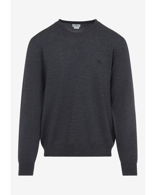 Etro Blue Pegaso-Embroidered Wool Sweater for men