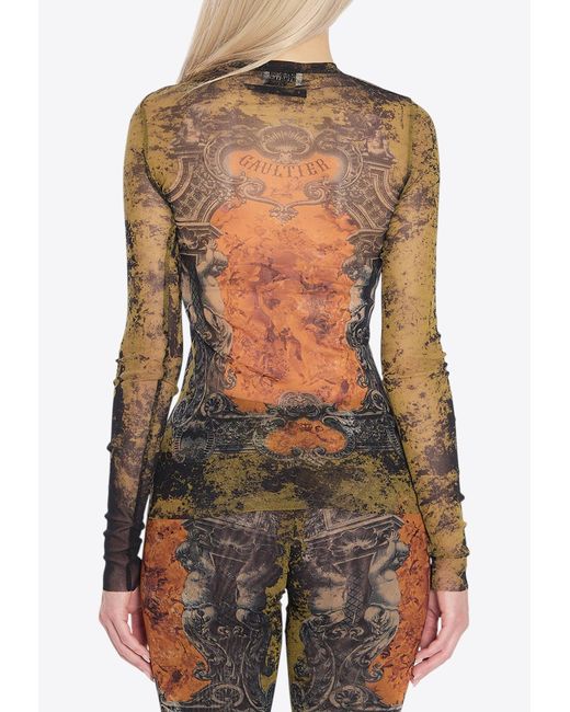 Jean Paul Gaultier Black Medallion Print Mesh Top