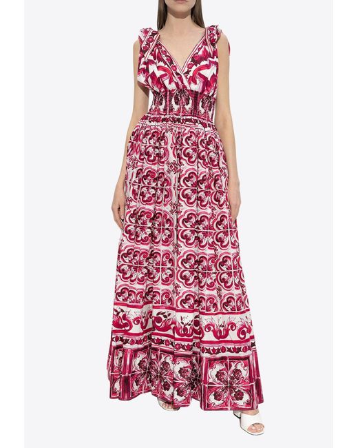 Dolce & Gabbana Red Majolica Print V-Neck Maxi Dress