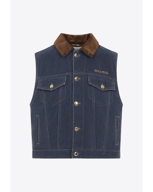 Miu Miu Blue Logo-Embroidered Denim Vest