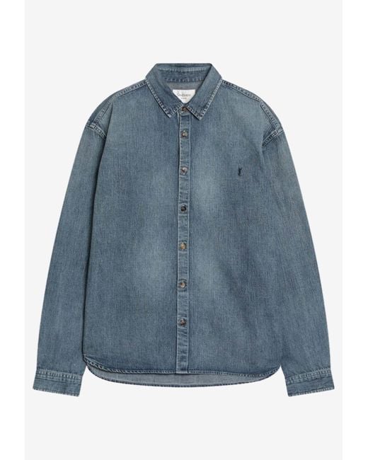 Saint Laurent Blue Cassandre Washed Denim Shirt for men