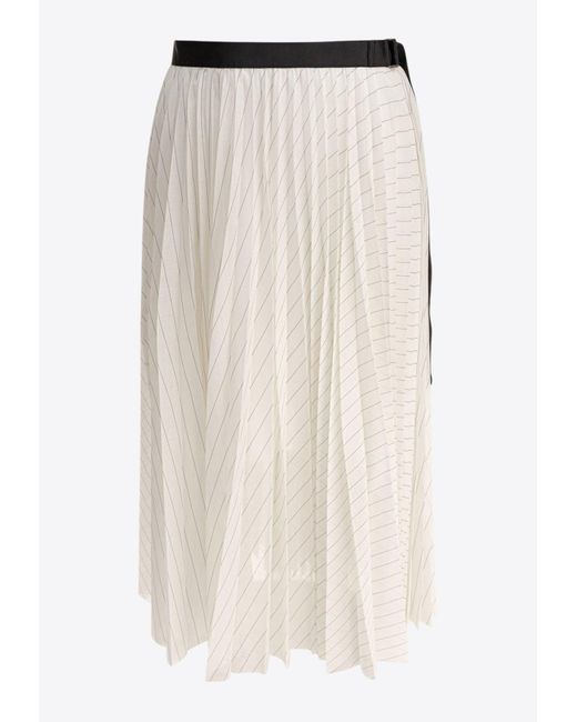 Sacai Natural Stripe Pleated Midi Skirt With Belt