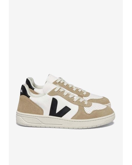 Veja White V-10 Leather And Suede Low-Top Sneakers for men
