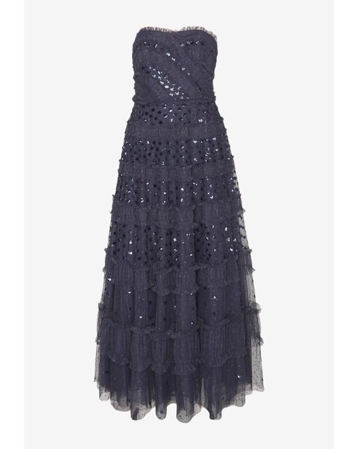 Needle & Thread Blue Dot Shimmer Strapless Maxi Dress
