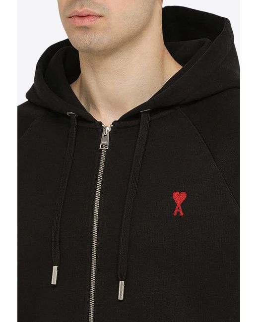 AMI Black Logo Embroidered Zip-Up Hooded Sweatshirt for men