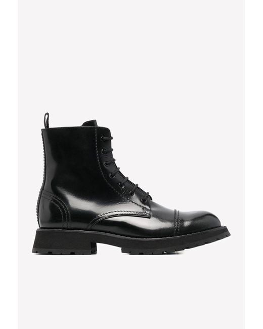 Alexander McQueen Shiny Leather Combat Boots in Black for Men Lyst