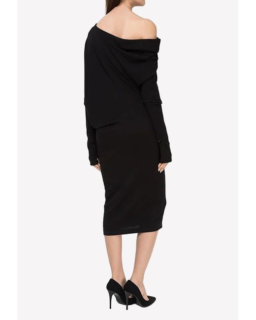 Tom Ford Black Draped Shoulder Cashmere And Silk Midi Dress