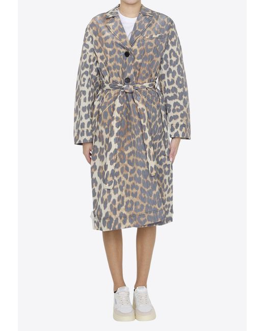 Ganni Gray Leopard Print Coat