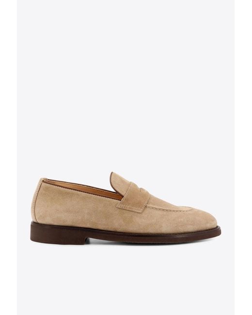Brunello Cucinelli White Stitched Suede Loafers for men
