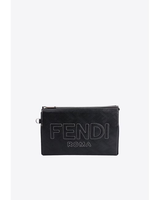 Fendi White Logo-Embroidered Pouch Bag for men