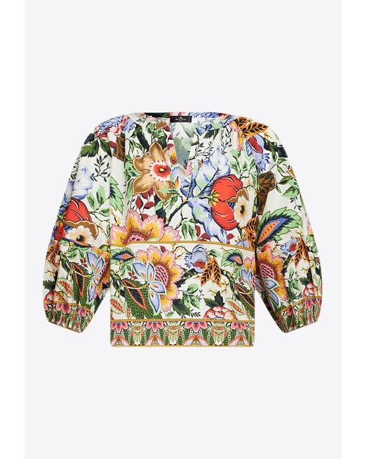 Etro Gray Bouquet Print Puff-Sleeved Blouse