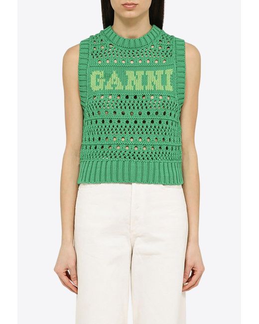 Ganni Green Knitted Logo Sweater Vest