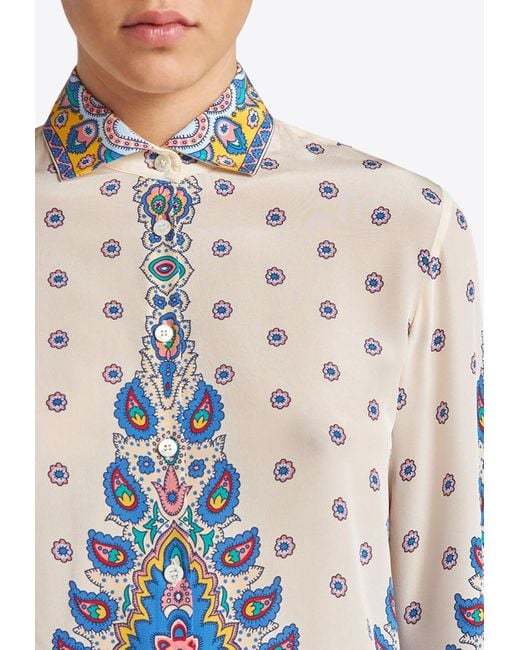 Etro Blue Daisy Print Button-Up Silk Shirt